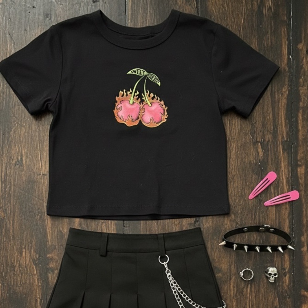 Pac Sun NWT black "flaming cherry" baby tee crop top size xs